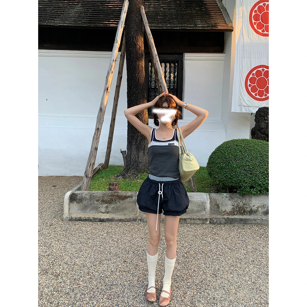 【单色】夏季智巧拼接miu系女孩显瘦辣妹休闲假三件撞色背心上衣