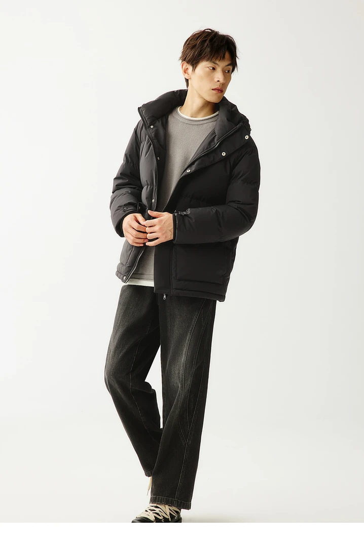 男装梭织宽松连帽落肩开襟厚短羽绒服