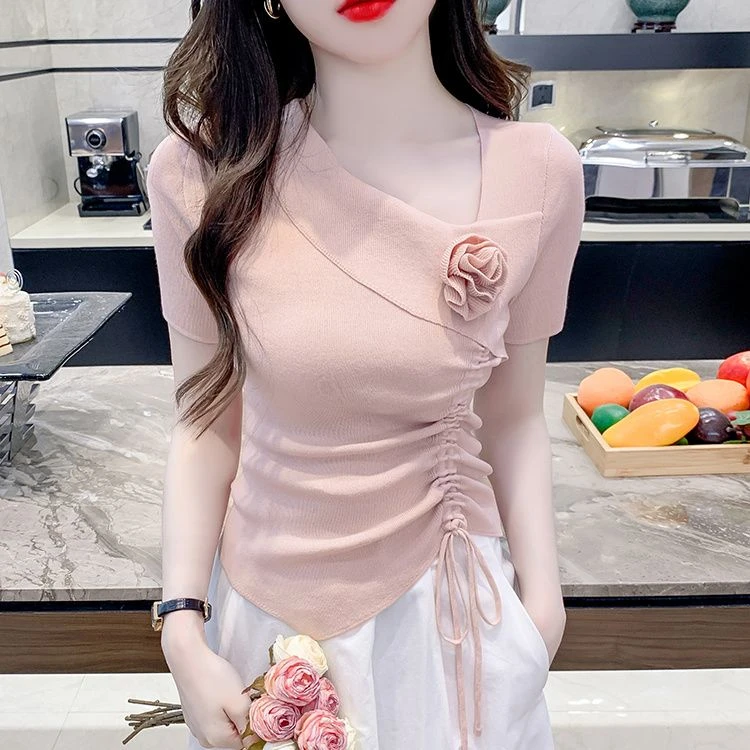 谦真韩系短袖t恤女2025新款夏季洋气独特别致抽绳短款不规则外穿