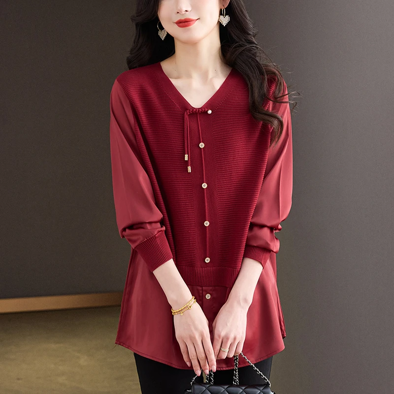 雪纺衫女春秋大码红色上衣宽松遮肚子显瘦洋气薄款冰丝针织打底衫