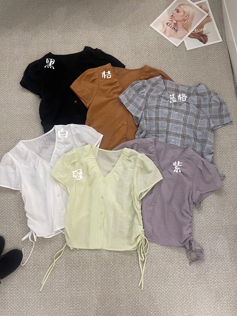 炸款～诗苒侧抽绳V领设计感衬衫2766