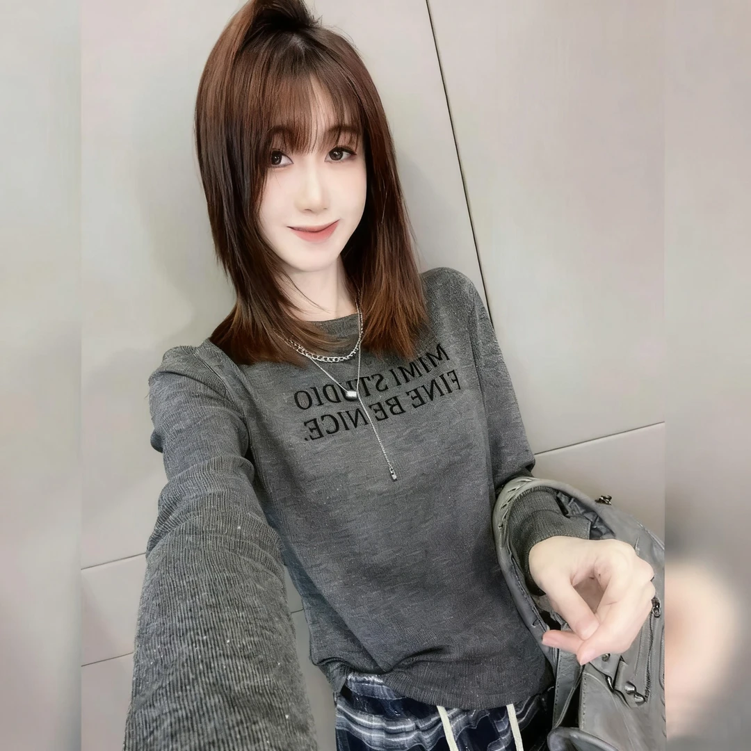芈芈 -2025新款灰色t恤欧货圆领字母长袖女修身显瘦休闲上衣1962