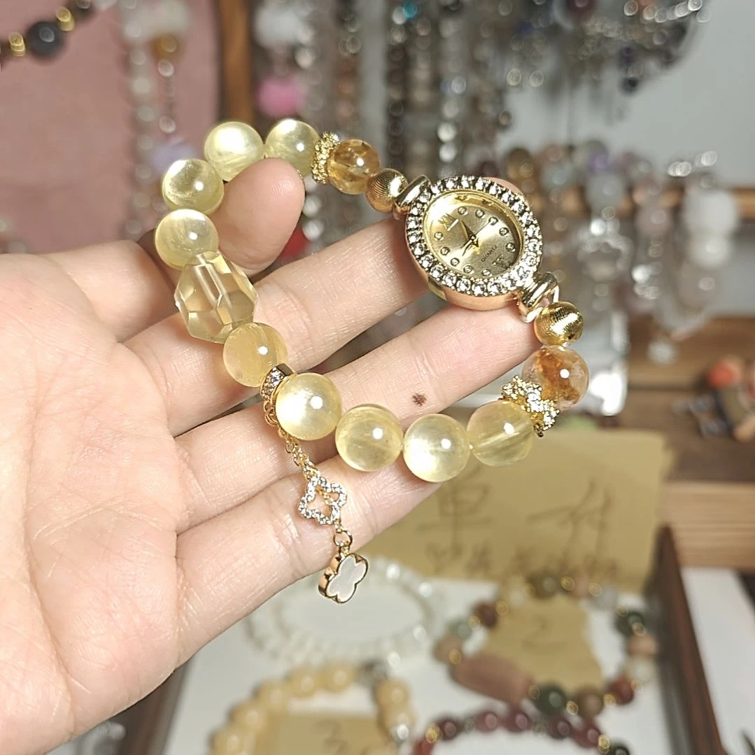 银S925镶嵌烟晶手链新款透气金鲤云母手表