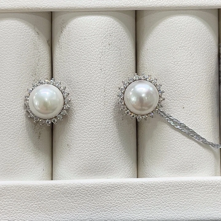 银S925镶嵌耳饰海水珍珠澳白8-9mm 75号