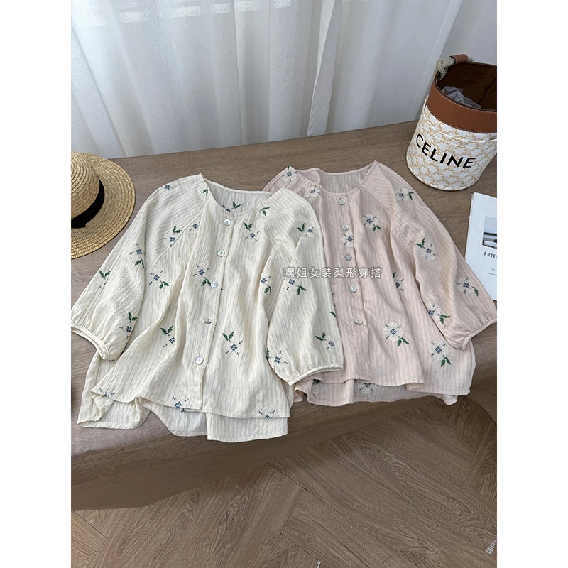 【赴约】韩版气质花朵刺绣长袖衬衫百搭宽松显瘦防晒衬衣女薄夏