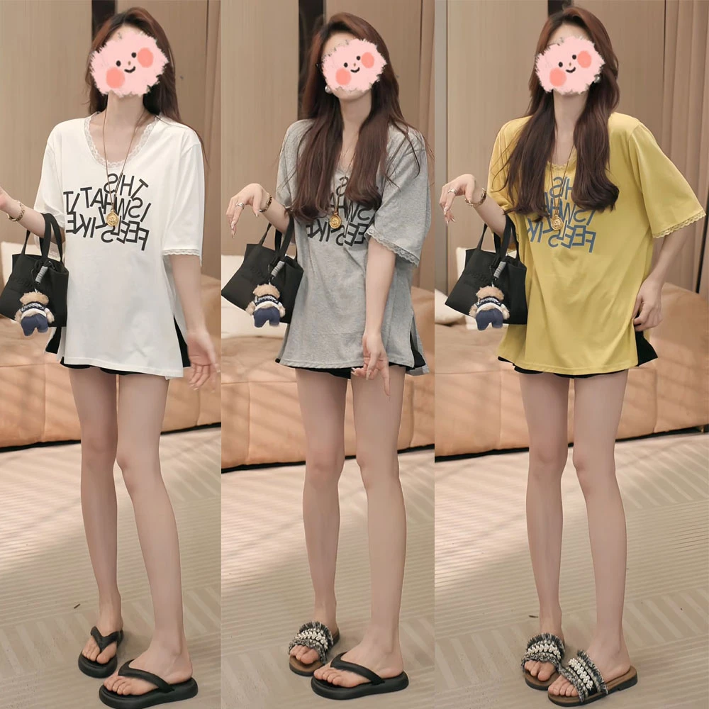 夏季时尚印花宽松短袖T恤上衣百搭木耳边短裤休闲套装洋气衣服女