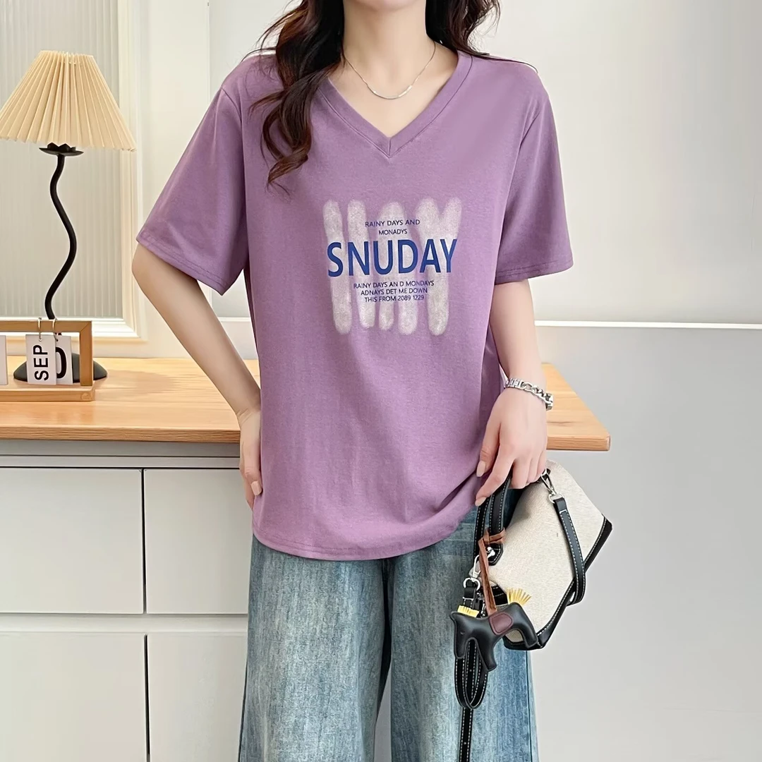 V领修身型chic风印花短袖吸汗T恤韩版长款小众夏装