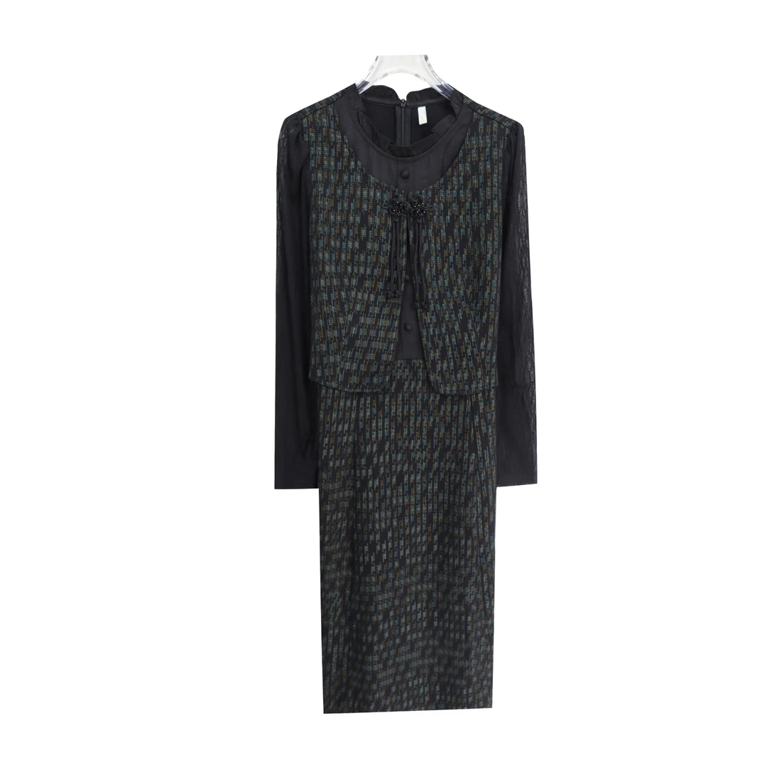 圆领格纹新中式盘口流苏收腰显瘦连衣裙S4584