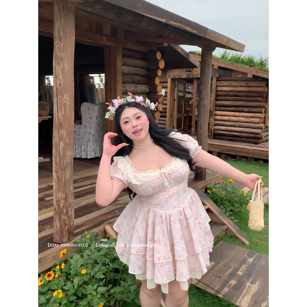 CD.soul【少女早茶】微胖纯欲泡泡袖碎花夏季甜美收腰显瘦连衣裙