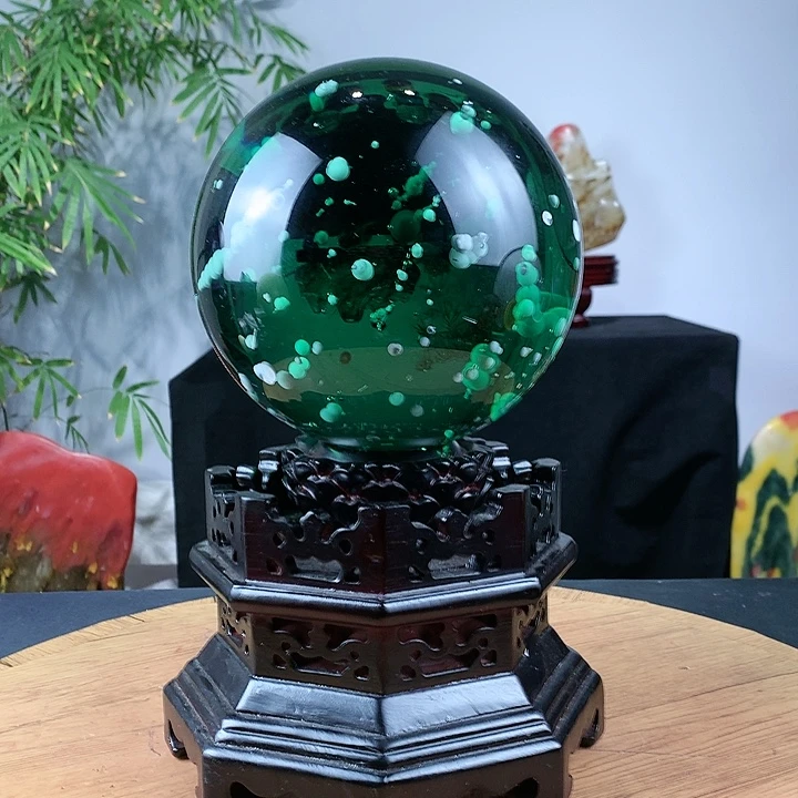 石材绿水晶直径16带实木旋转底座