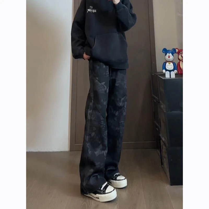 美式高街蛇纹提花牛仔裤男款春季ootd穿搭弯刀裤子宽松直筒微喇裤