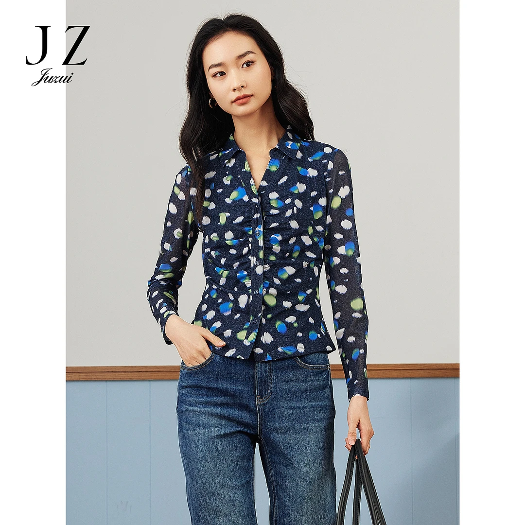 【婷婷专属】JZ玖姿JWFC60107清新纱罗迷彩波点修身衬衫女款