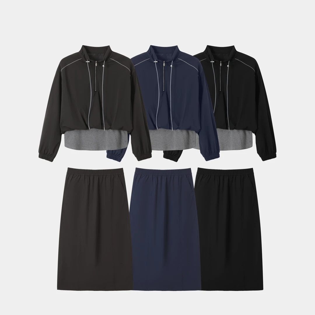 【现货】26322秋季新款百搭时尚简约纯色半拉链卫衣半身裙两件套女