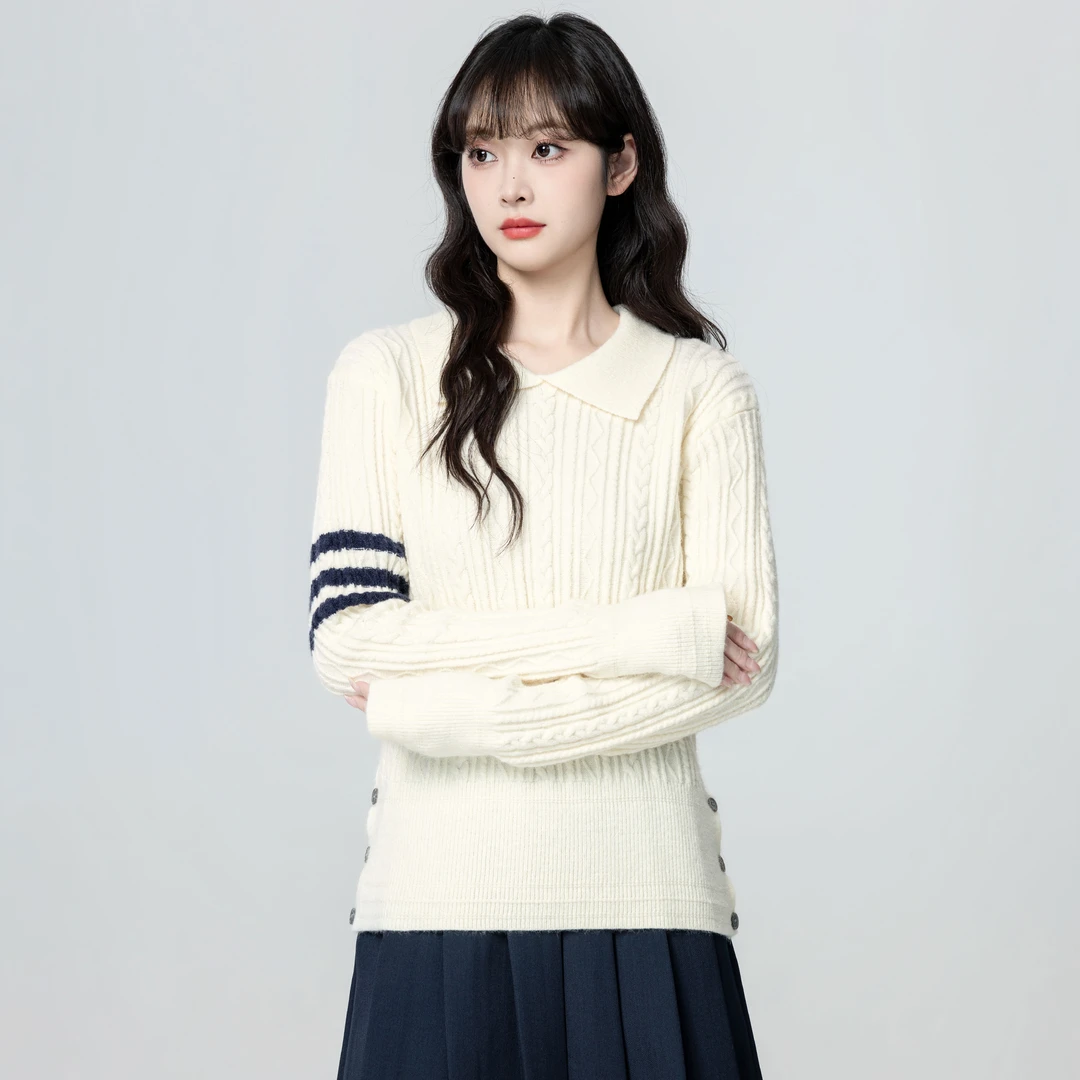 米白色POLO领麻花毛衣女春秋2025秋季新款翻领长袖针织衫短款上衣