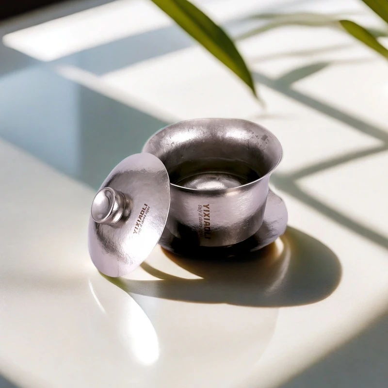 纯钛双层隔热盖碗高档功夫茶具泡茶小盖碗轻奢复古创意陶瓷纯手工