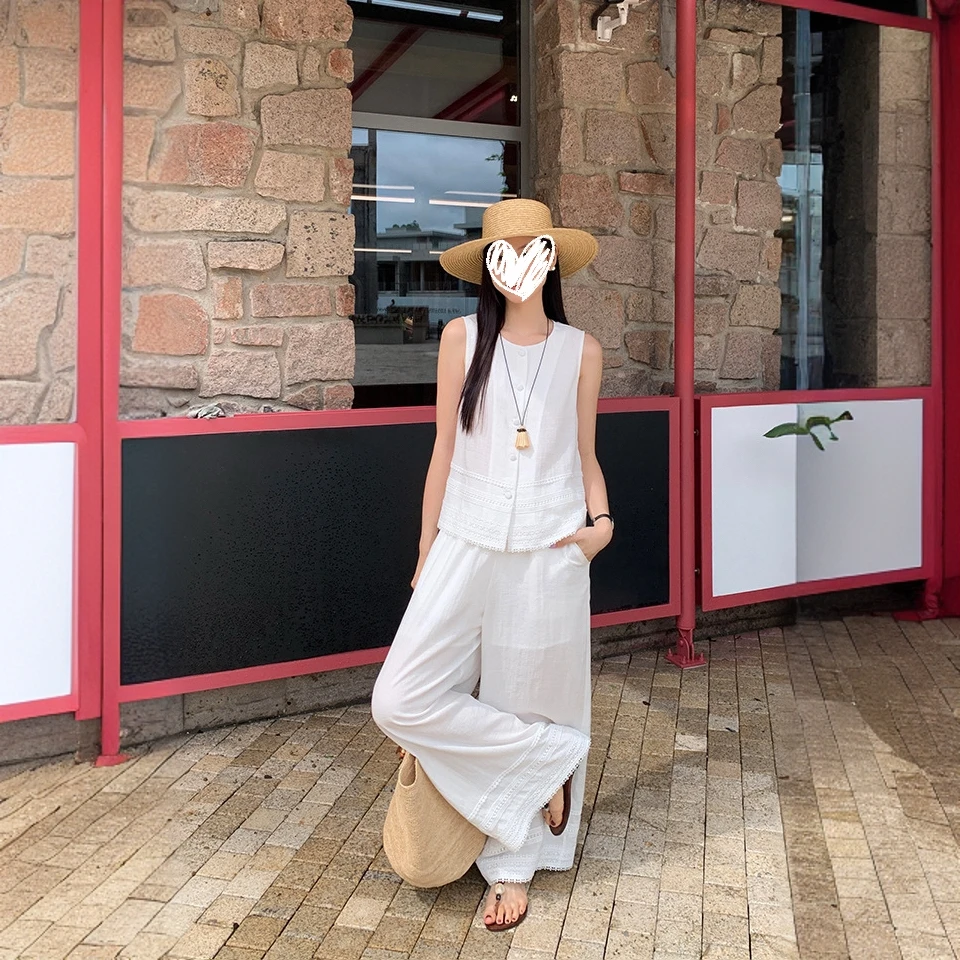 西里2025夏简约定制花边拼接背心＋气质显瘦阔腿裤套装女BD111