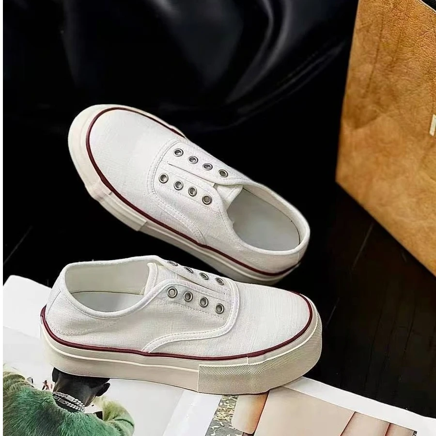 亚麻两穿一脚蹬厚底帆布鞋2025春夏百搭增高懒人乐福休闲板鞋