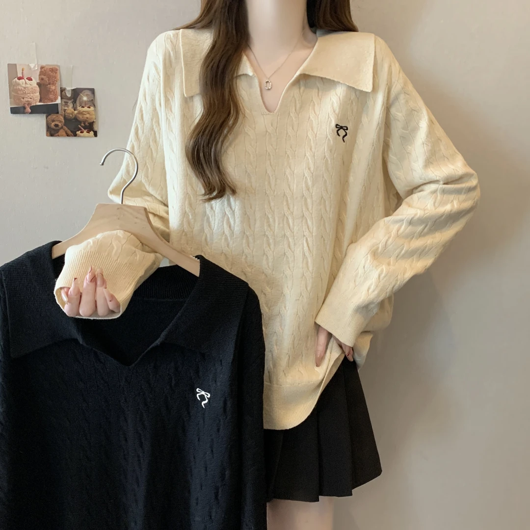 【小曹大码】polo领刺绣麻花设计感宽松显瘦毛衣-ZMDM3869