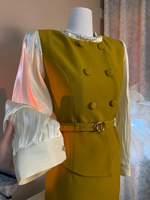 气质通勤假两件长袖拼接系带修身包臀女装连衣裙