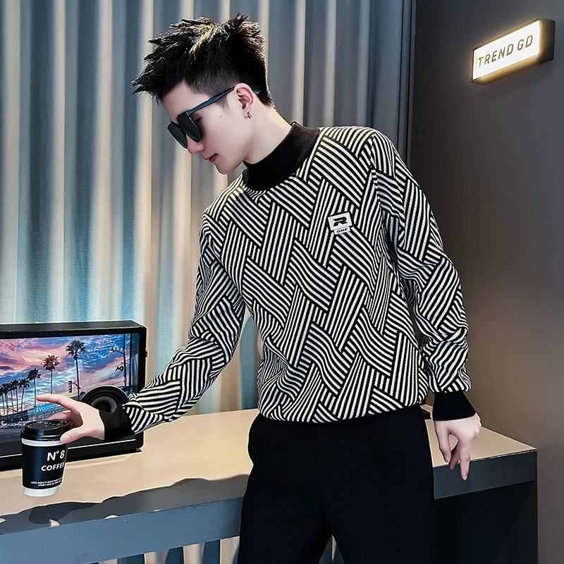 冬季半高领格纹毛衣男款冬装内搭线衣2025新款爆款百搭打底针织衫