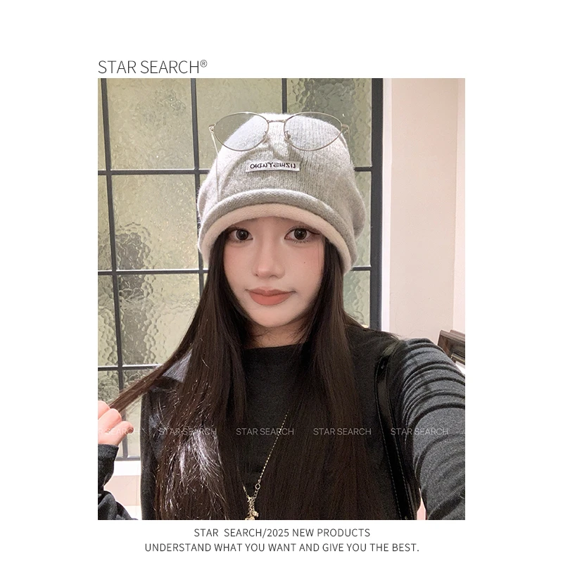 复古卷边灰色堆堆帽女秋冬氛围感保暖针织冷帽显脸小护耳毛线帽子