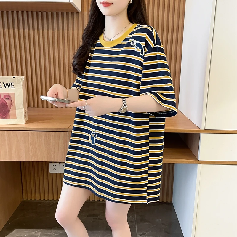 夏装新款纯棉洋气撞色孕妇条纹短袖t恤女时尚遮屁股宽松遮肚上衣t