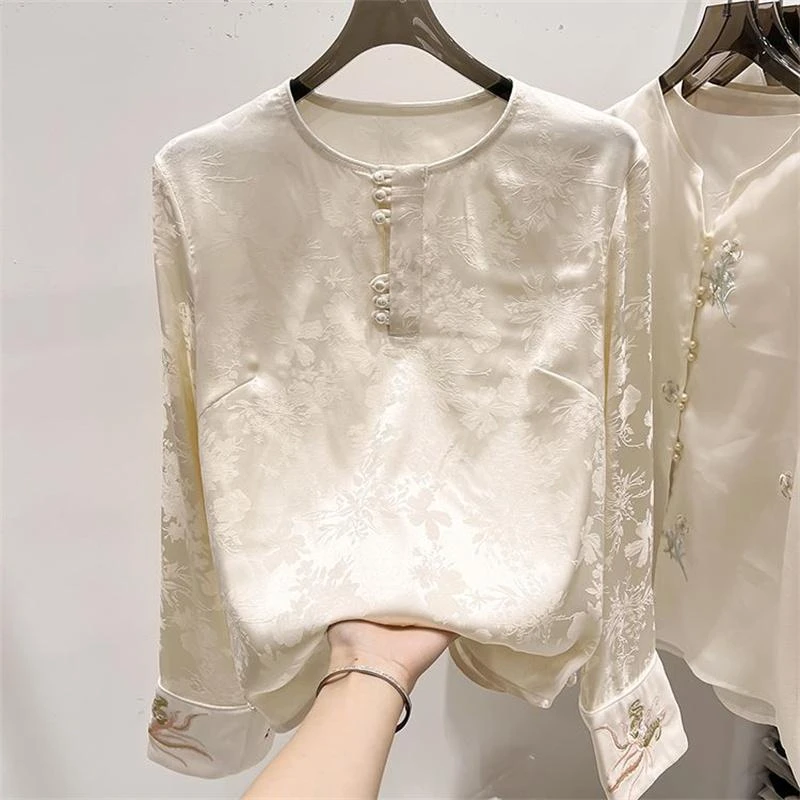 国风缎面圆领衬衫女春秋新中式盘扣醋酸提花刺绣拼接显瘦长袖上衣