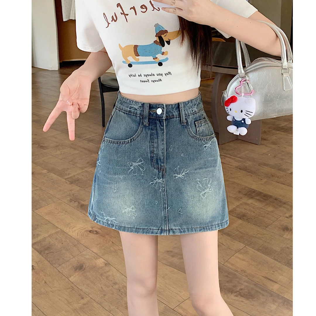 2025夏季新款胖mm大码女装辣妹蝴蝶结牛仔半身裙防走光裙裤66130