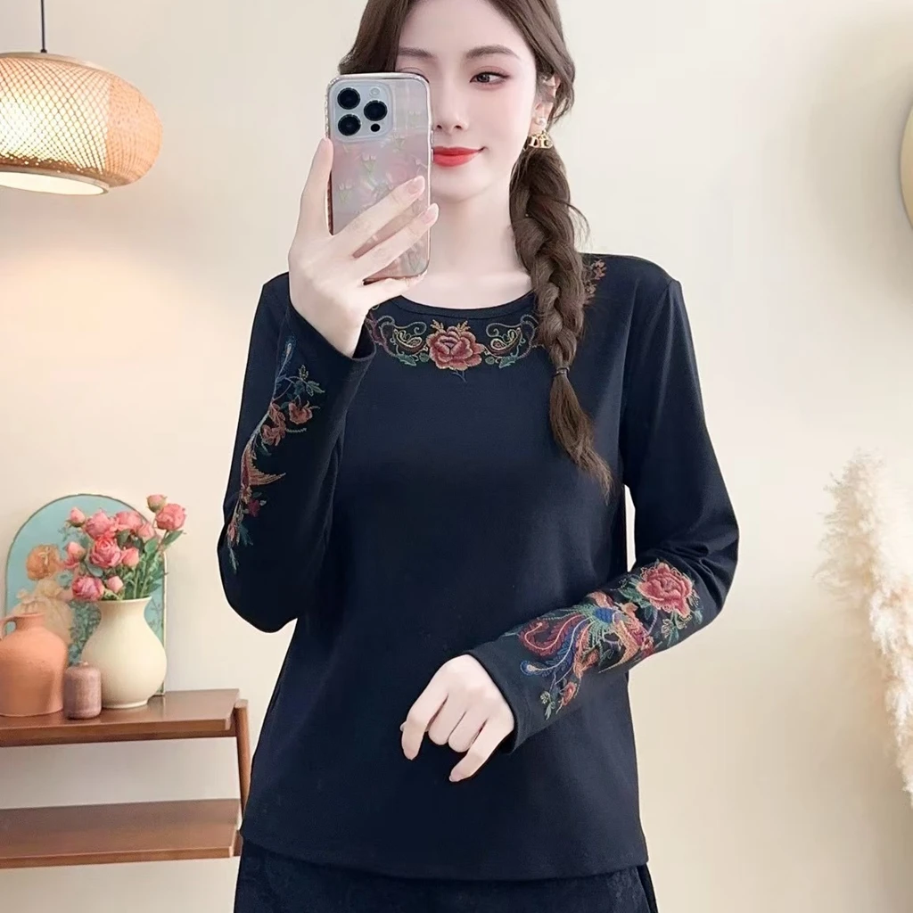 雪儿 民族风凤凰牡丹花满绣T恤圆领长袖打底衫1390