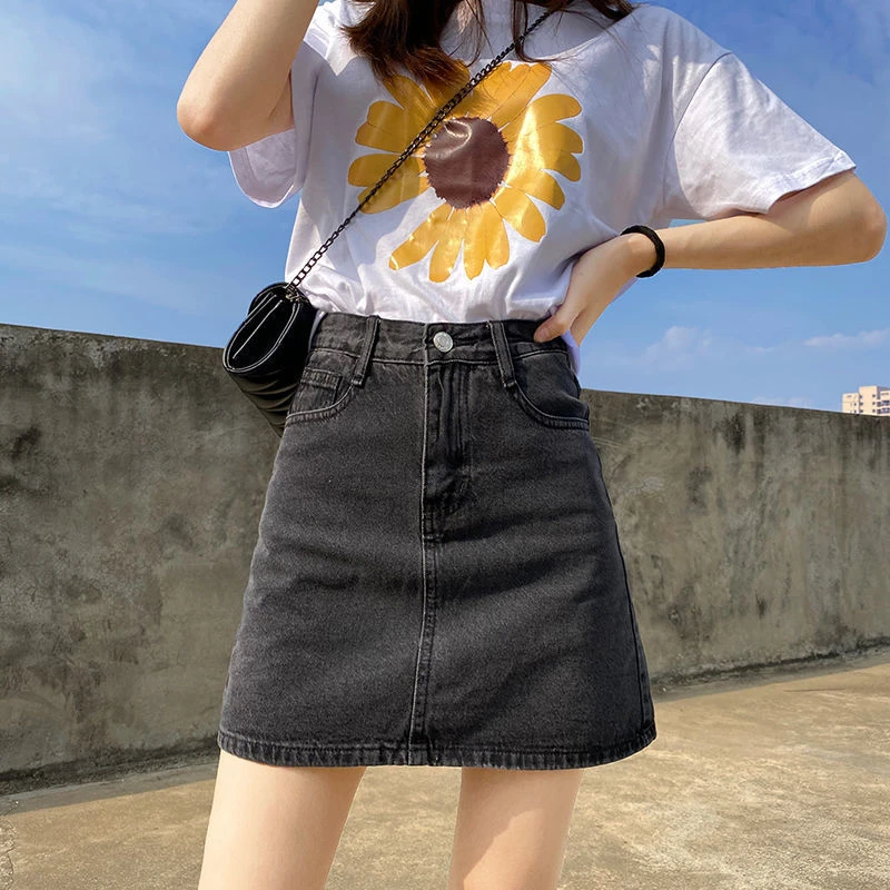 黑灰色牛仔半身裙女高腰A字短裙包臀显瘦百搭防走光裙子夏季