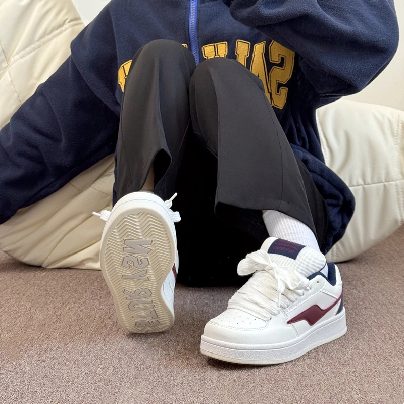 白酒红厚底拼色情侣面包鞋ins潮百搭休闲板鞋2025春季新款小白鞋