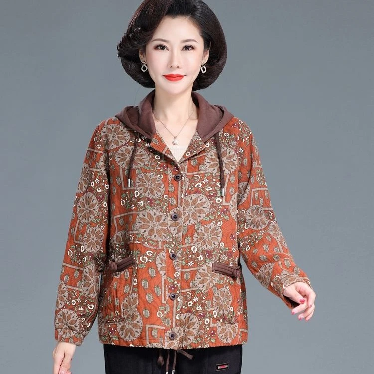 全棉中老年女外套宽松纯棉风衣奶奶装连帽开衫上衣老太太老人夹克