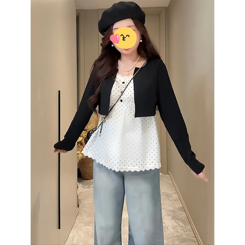 大码女装胖mm设计感V领波点假两件拼接长袖开衫2025秋季显瘦上衣