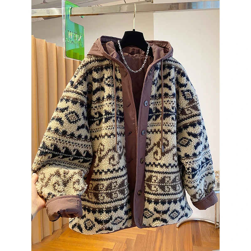 高级感复古连帽羊羔毛外套女秋冬2025新款大码胖MM夹棉摇粒绒棉服