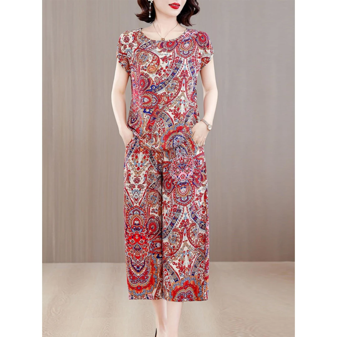 妈妈棉绸套装女夏季薄外穿中老年人造棉短袖阔腿裤绵绸睡衣居家服