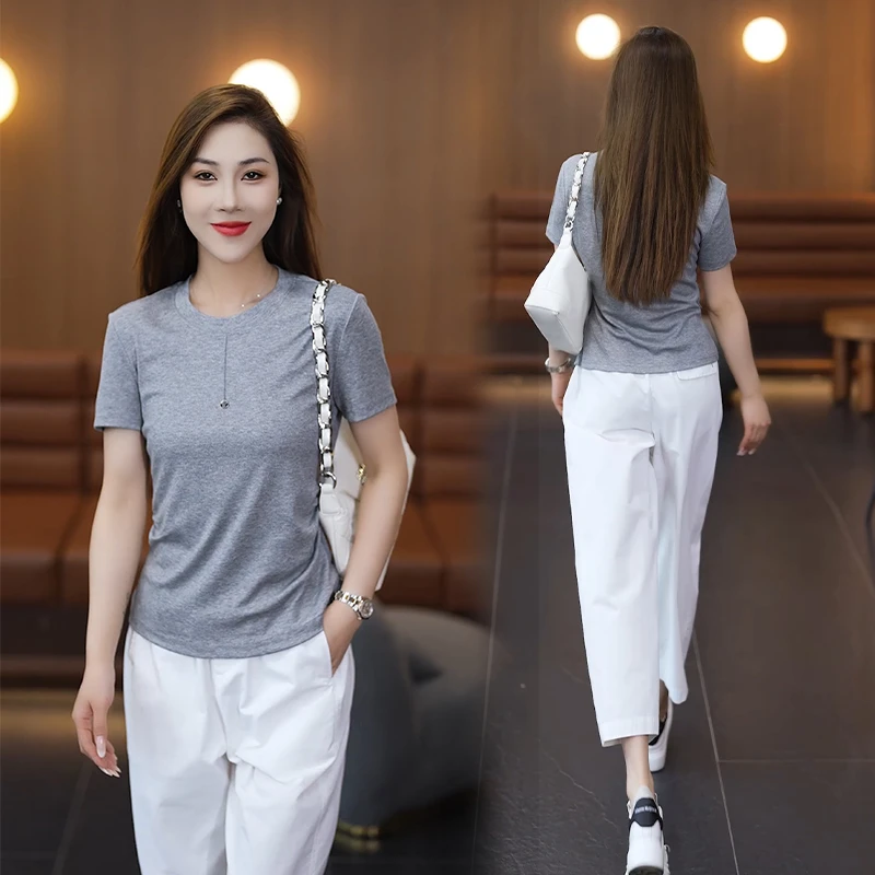 时尚百搭圆领素色短袖T恤女2025年夏季新款洋气褶皱修身上衣-5258