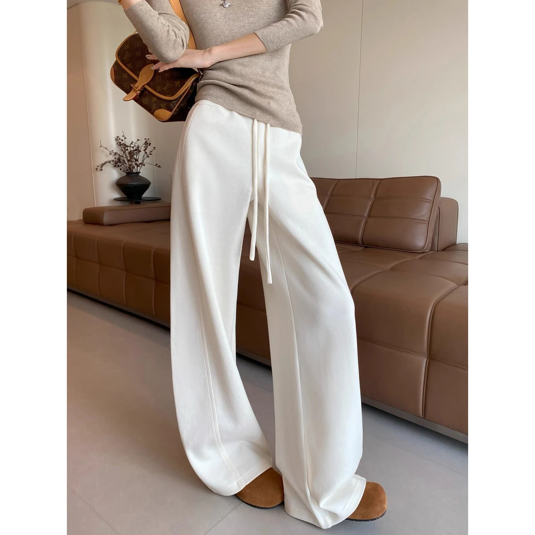 米白色弯刀阔腿运动裤女2025秋冬季新款加厚高腰宽松休闲阔腿卫裤