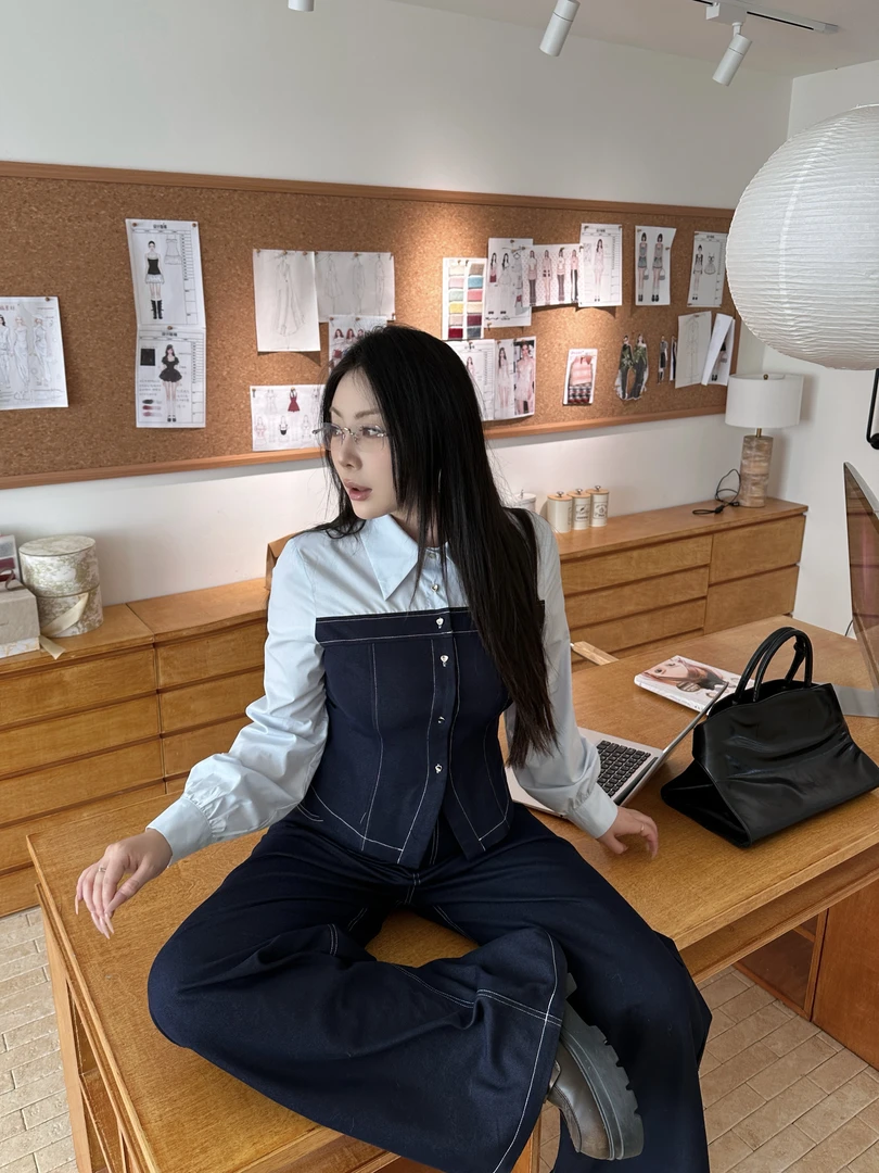 【大小姐】“ 阿米莉亚”轻熟风通勤风简约时尚套装压褶牛仔