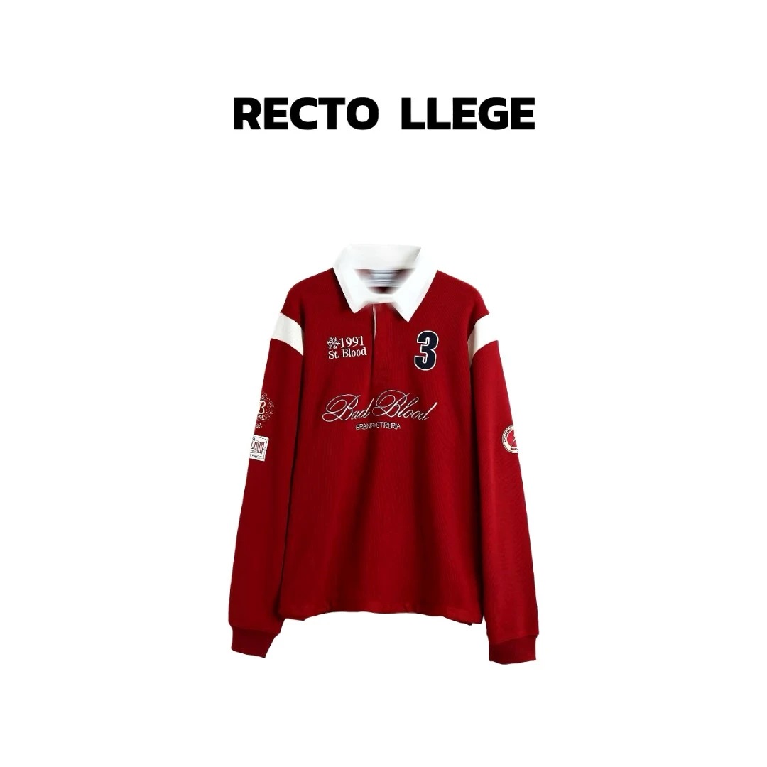 【RECTO LLEGE】美式复古polo领徽章拼接球衣