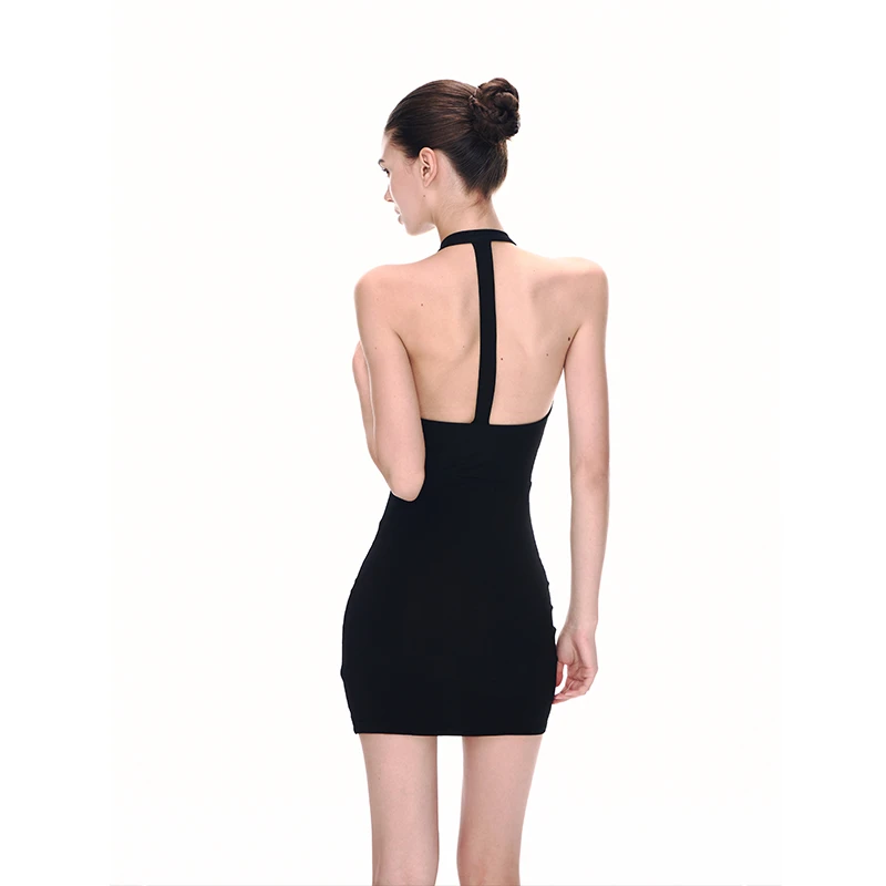 JLAUNT 黑色挂脖连衣裙女夏性感修身收腰包臀裙高级感辣妹短裙子