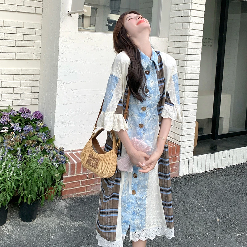 夏季长裙甜美风气质宽松文艺衬衫裙撞色拼接镂空蕾丝衬衫连衣裙女