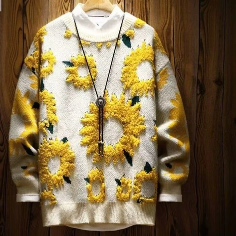 日系复古向日葵植绒毛衣修身型薄款针织衫高级感男女潮牌秋冬情侣