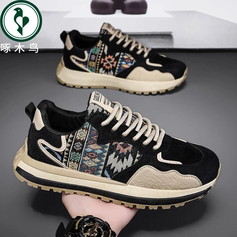 【正品】啄木鸟男鞋2025新款春季布面厚底运动休闲ins潮鞋老爹鞋子
