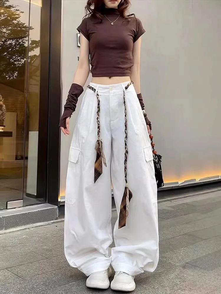 白色休闲工装裤女设计感秋季2025新款高腰垂感阔腿裤宽松拖地长裤