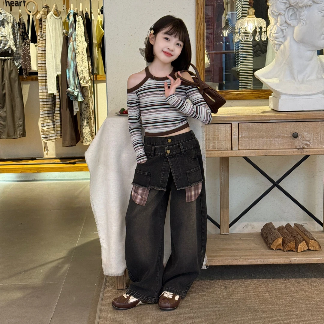 美式复古琥珀流光撞色t恤双腰头牛仔裤2025甜酷春秋弯刀阔腿裤潮