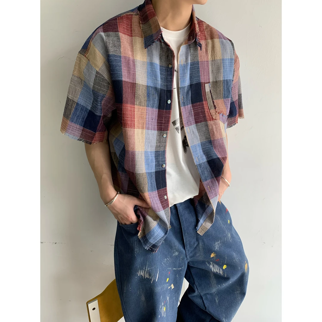 dannyandzee夏季轻薄混纺彩色格子做旧毛边百搭短袖衬衫男746