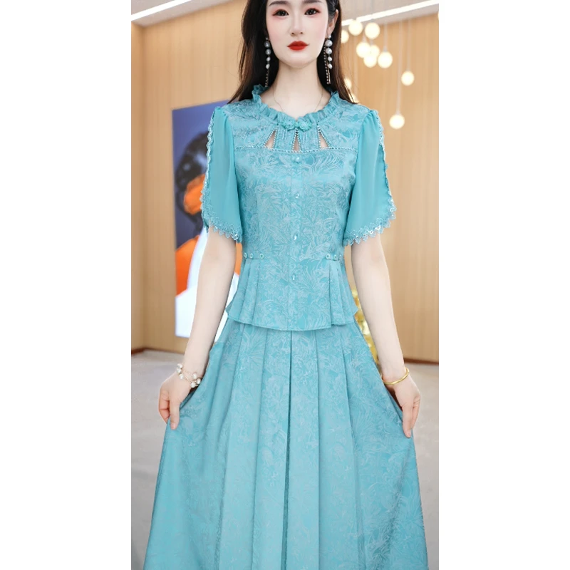 【两件套】夏季时尚修身圆领纯色减龄修身两件套套装裙子M-4XL