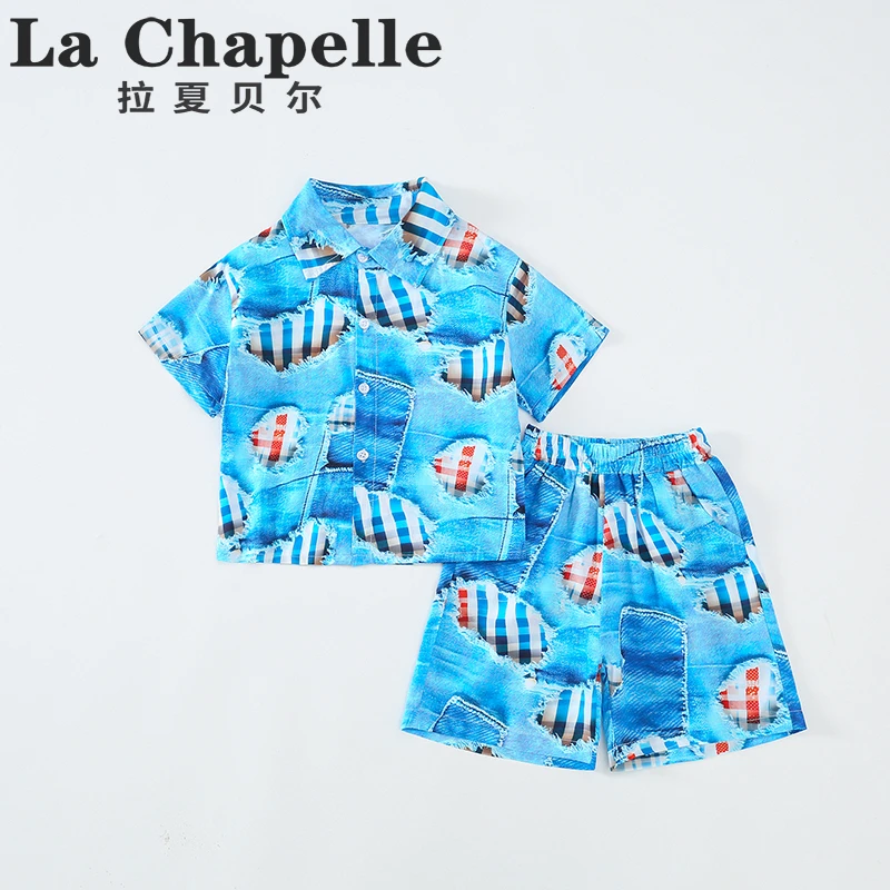 拉夏贝尔男童套装2025新款夏季薄款儿童痞帅复古短袖两件套LB385