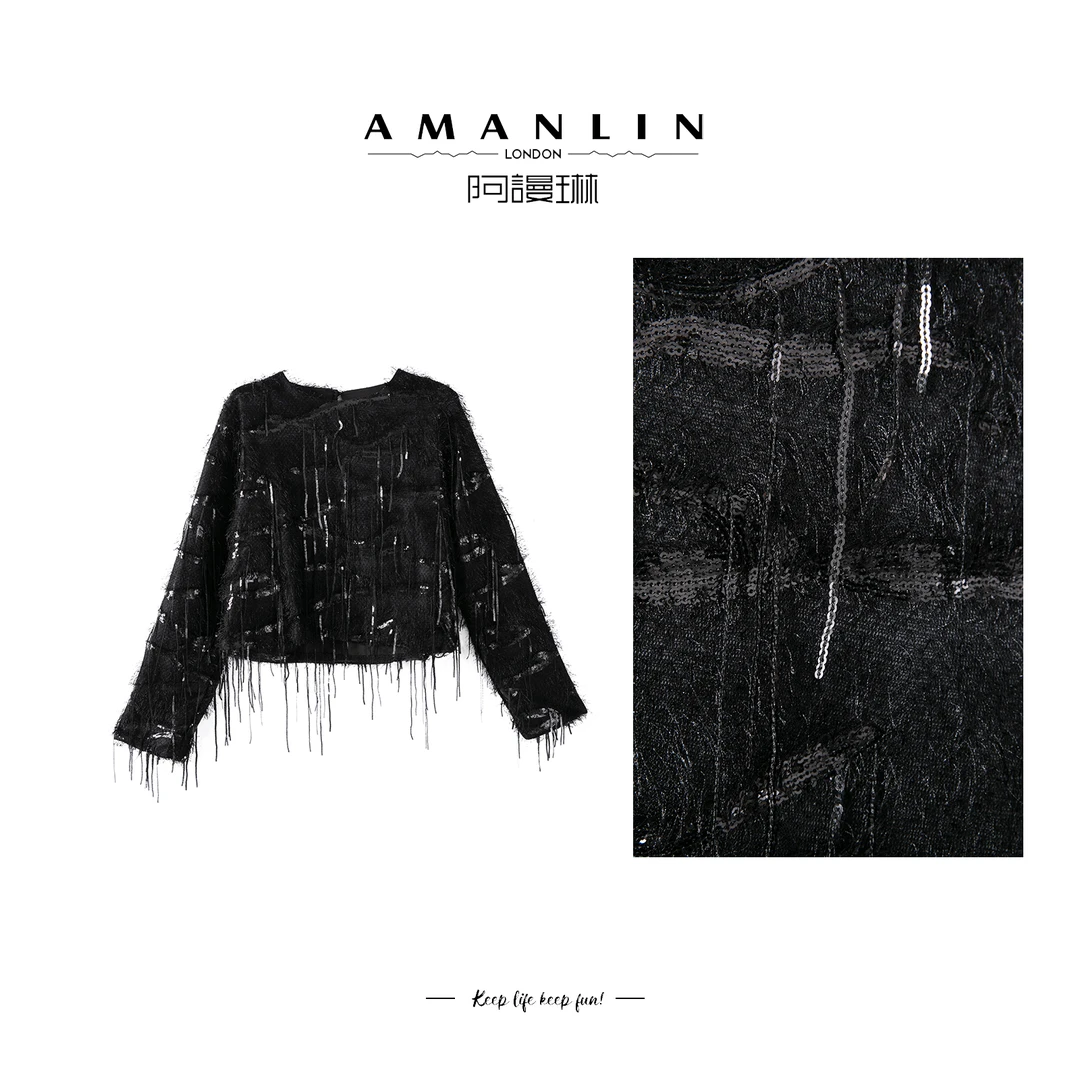 【AMANLIN】设计感气质复古流苏针织一粒扣ins风上衣女F595183