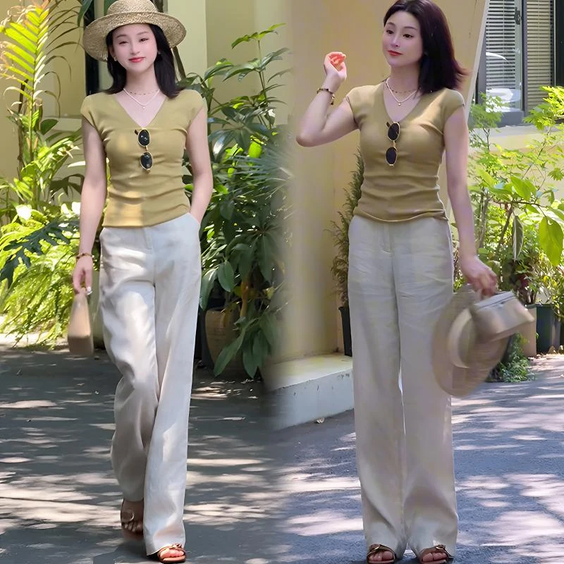 时尚套装女夏季新款V领短袖短款上衣洋气减龄休闲直筒裤子两件套